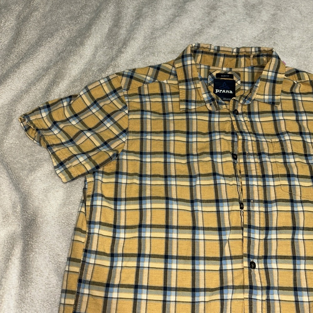 Prana Mens Slim Fit Plaid Short Sleeve Button Up Shirt Medium Organic Cotton